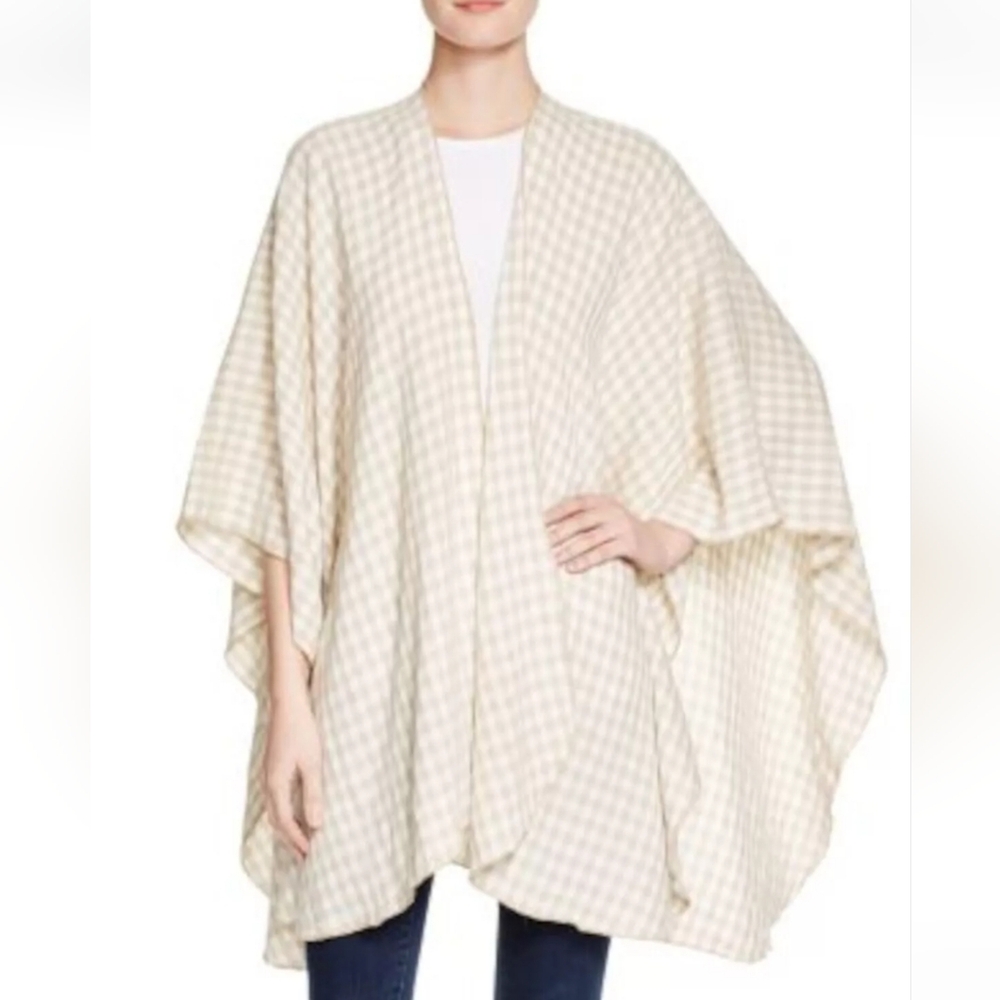 Donni Charm Ruana Cotton Beige Check Short Sleeve Open Front Poncho, OS